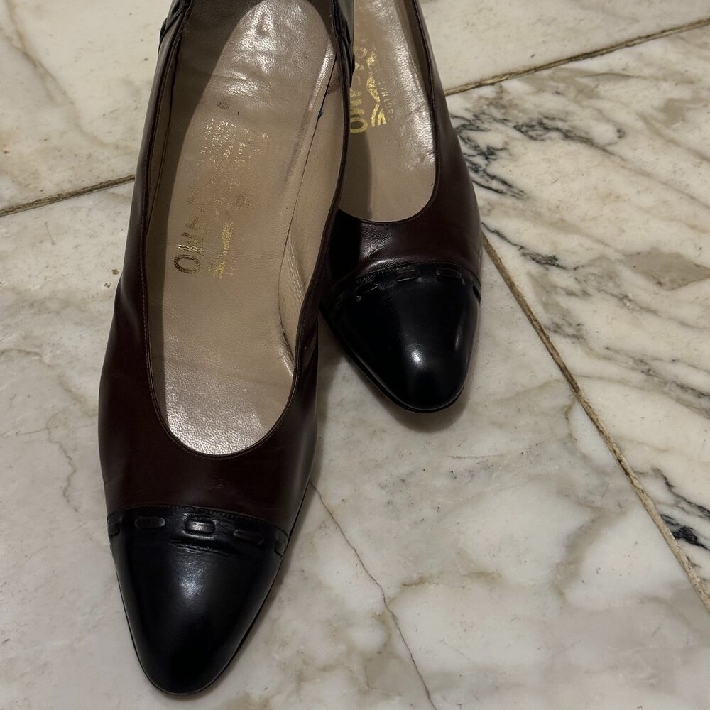 Salvatore Ferragamo Women's Two-Tone (Brown & Blk) Cap Toe Low-Heel Pump, 11AAAA